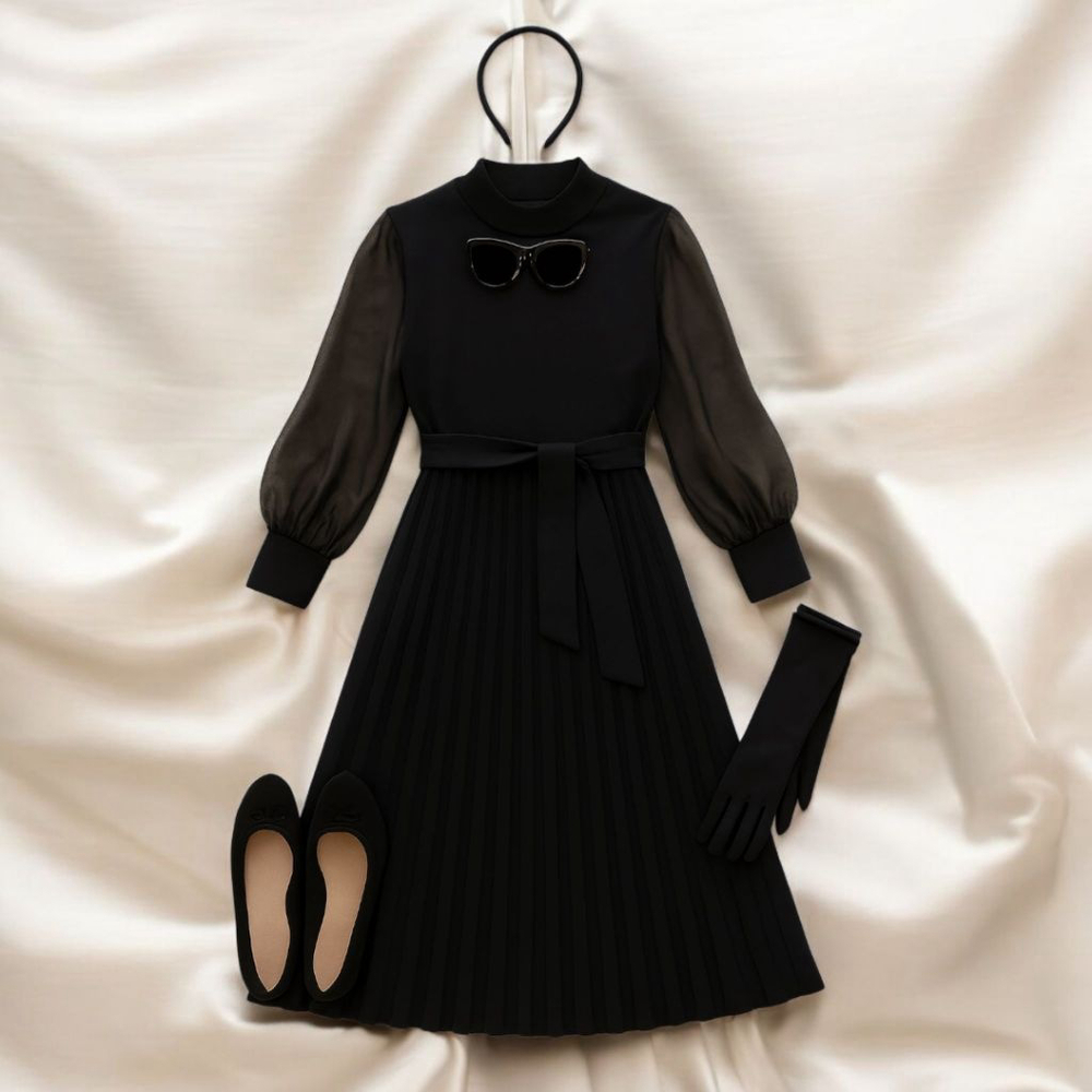 Vintage 1960s Black Pleated Skirt High Neck Sheer Long Sleeve Dress